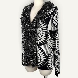 VTG Chico's Silk Blend Art to Wear Intarsia Cardigan Boho Fringe Size XL
